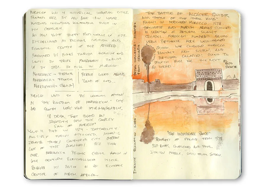 Sketch-journal page on the Menara gardens, from Erik Gauger's Marrakech notebook