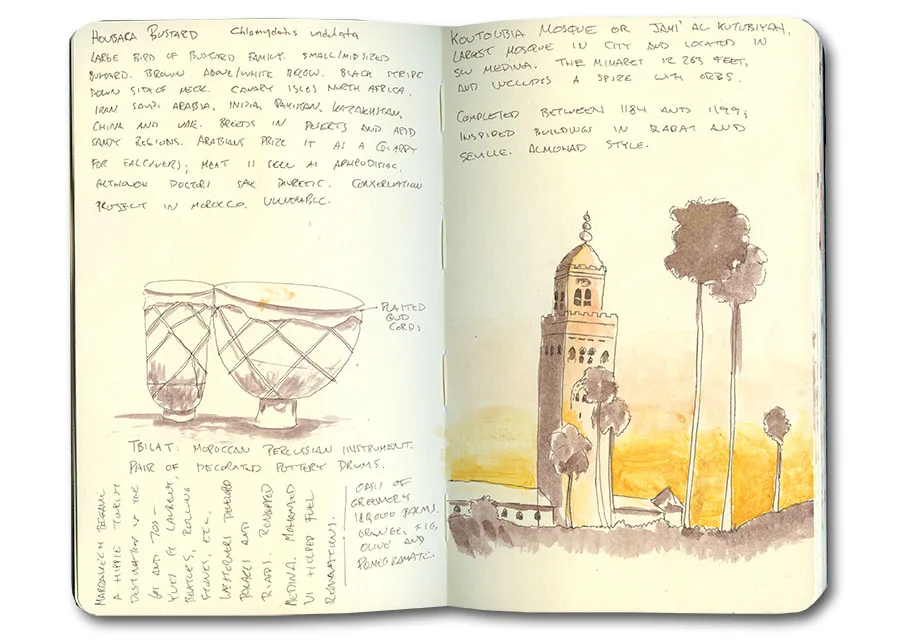 Sketch-journal page with a painting of the Koutoubia mosque, from Erik Gauger's Marrakech notebook