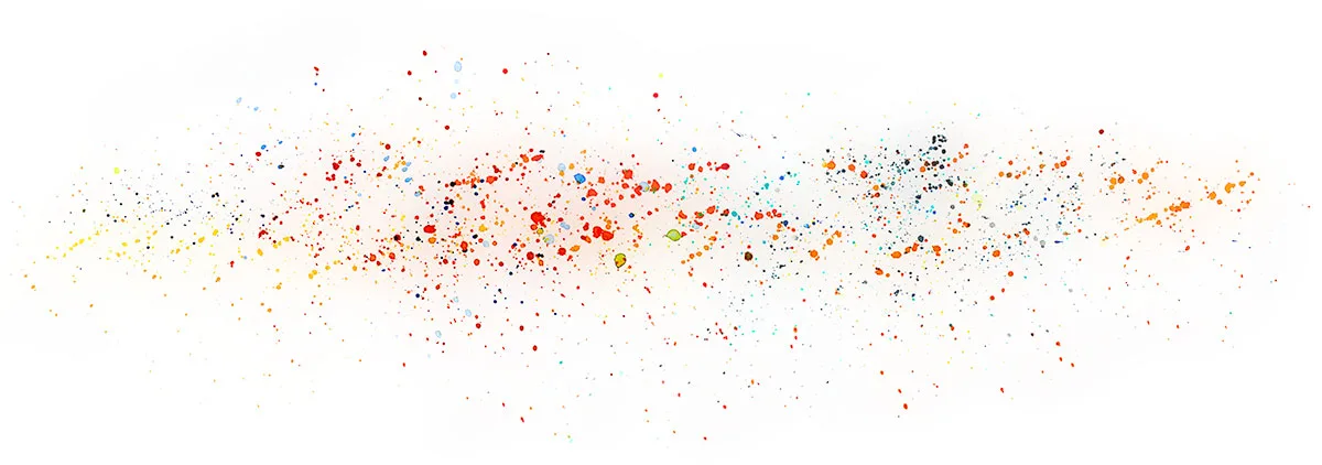 Watercolor splatter abstraction of a 1973 Eyes of the World jam, a long drift of red, orange, yellow and blue droplets.