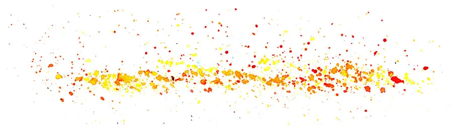 Watercolor splatter abstraction of a 1973 Here Comes Sunshine jam, a bright band of yellow and orange flecked with red.