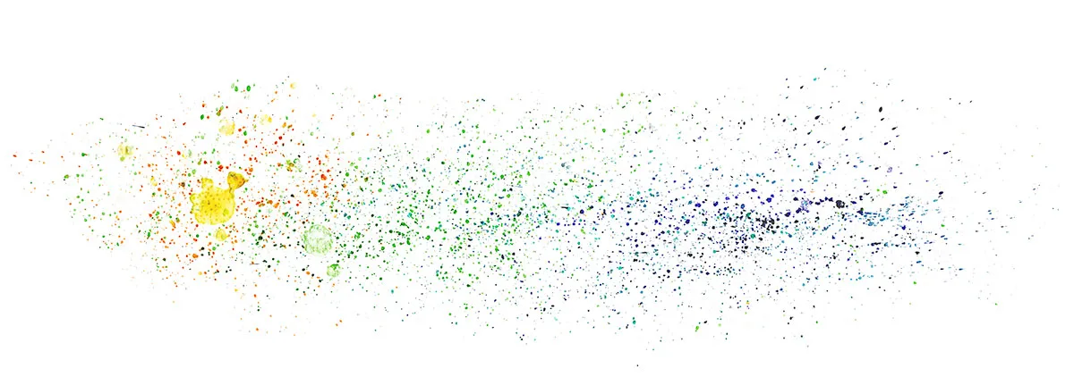 Watercolor splatter abstraction of a 1976 Crazy Fingers jam, a cloud of fine green, yellow and slate-blue droplets.