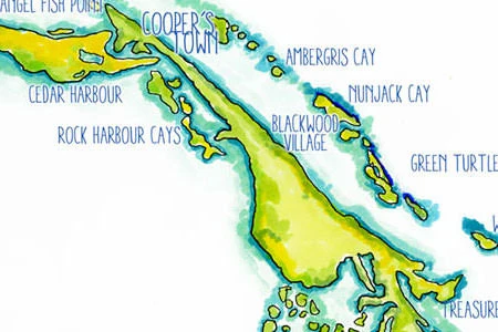 Handpainted map of the Abaco Islands, Bahamas
