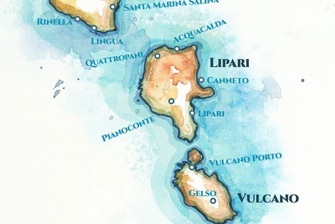 Hand-drawn watercolor and Copic marker map of the Aeolian Islands, showing Lipari, Vulcano, Stromboli, Salina, Filicudi, Alicudi, and Panarea in the Tyrrhenian Sea north of Sicily.