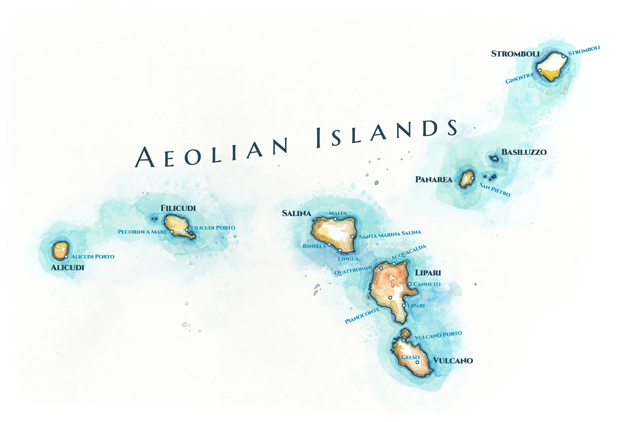 Hand-drawn watercolor and Copic marker map of the Aeolian Islands, showing Lipari, Vulcano, Stromboli, Salina, Filicudi, Alicudi, and Panarea in the Tyrrhenian Sea north of Sicily.