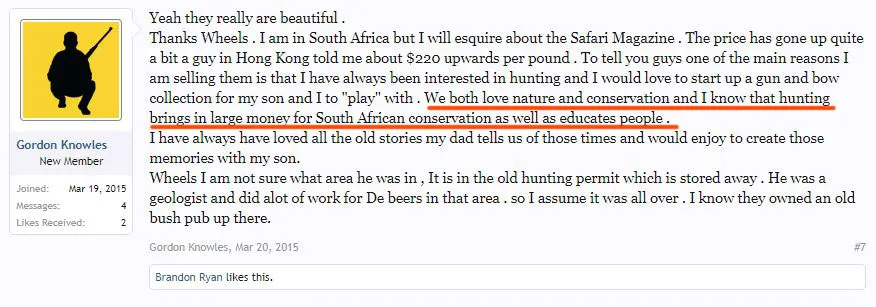 Screenshot of a hunting forum post claiming that hunting brings large sums of money to South African conservation, with a passage underlined.