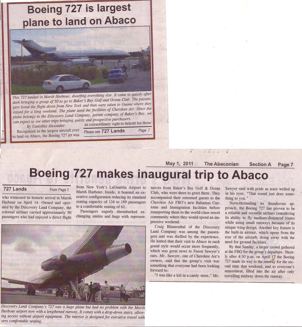 Abaconian clippings from May 2011 on Discovery Land Company's Boeing 727 landing at Marsh Harbour with guests for Baker's Bay Golf and Ocean Club