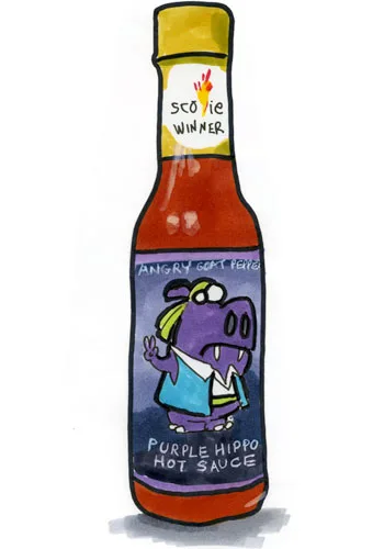 Sketch by Erik Gauger of Purple Hippo Prickly Pear & Scorpion Hot Sauce