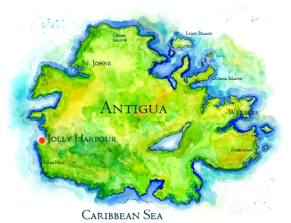 Hand-painted watercolor map of Antigua, with St. John's, Jolly Harbour marked in red and the Caribbean Sea.