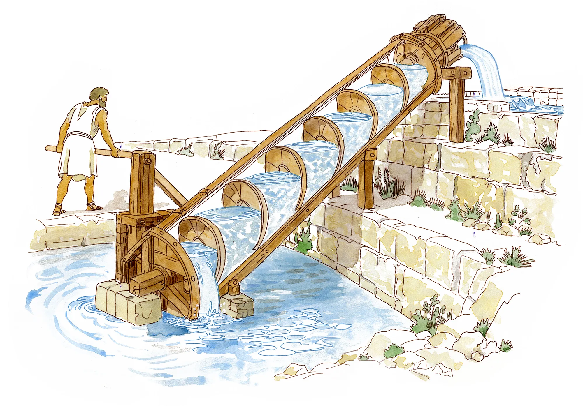 Illustration of an Archimedean screw in the third century BC, a worker turning the spiral to lift water from a channel into fields of grain and vegetables near Syracuse.