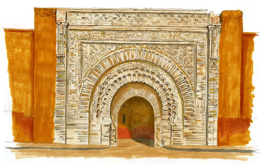 Sketch by Erik Gauger of the intricate Bab Agnaou gate, Marrakech