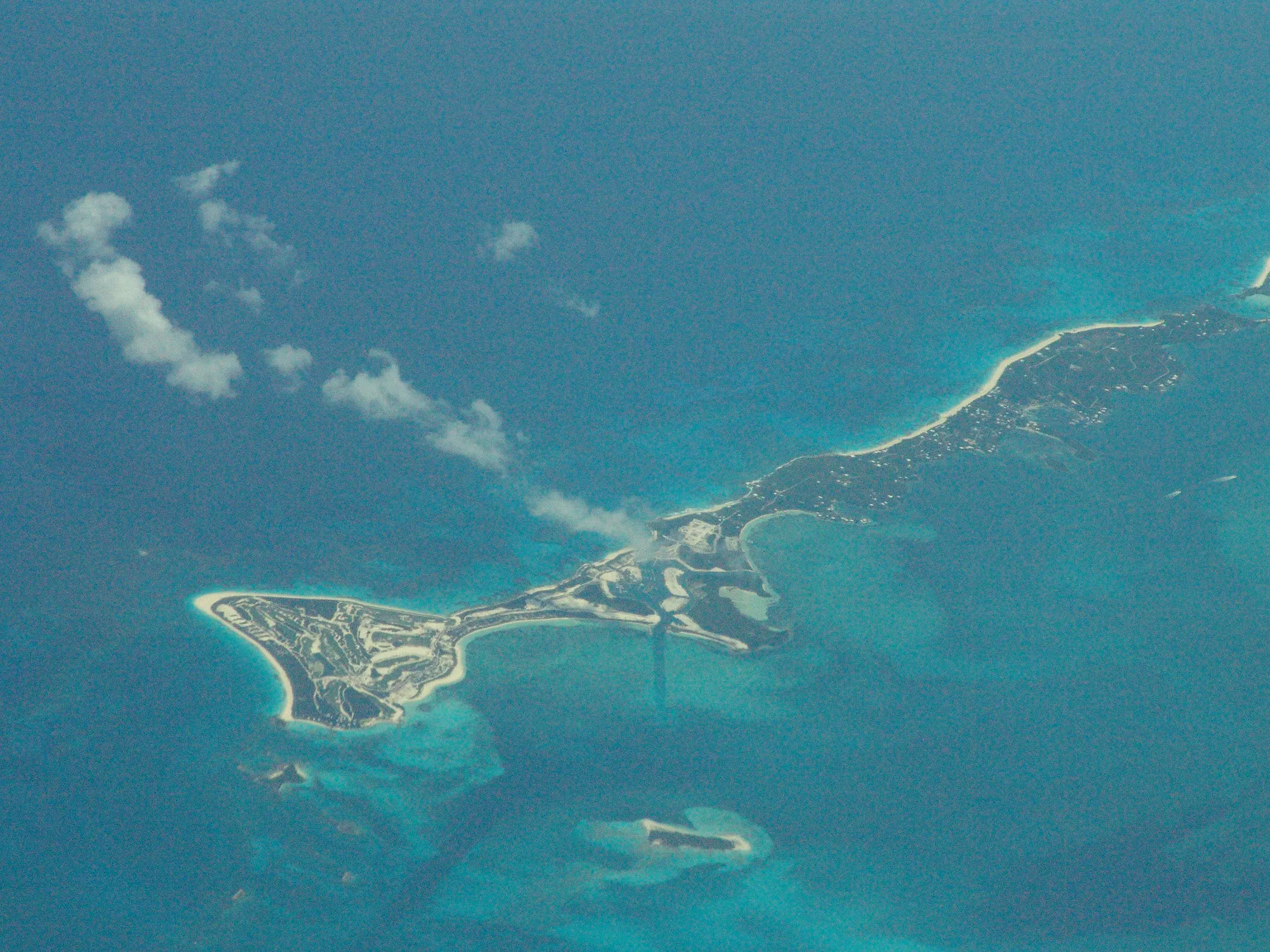 Aerial view of Great Guana Cay from an airliner, its north end transformed by the Bakers Bay development