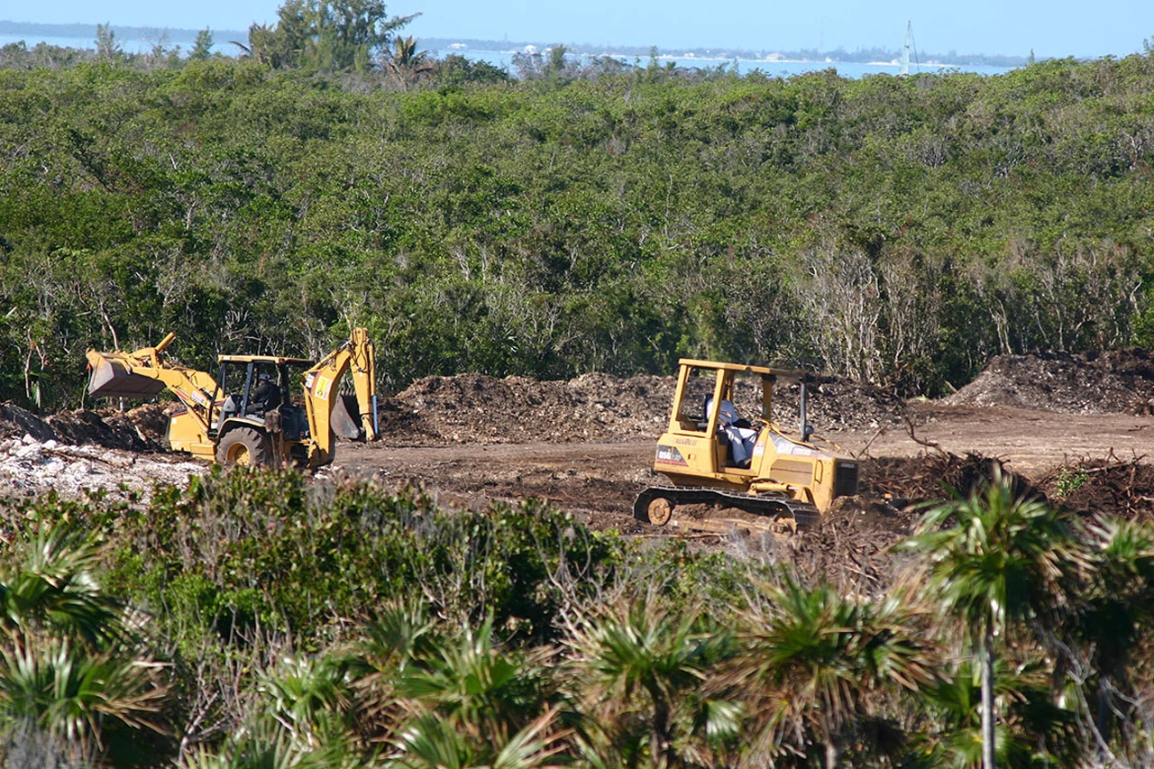 Caterpillar tractors clearing and grading Great Guana Cay's native coastal habitat during construction of Baker's Bay Golf & Ocean Club, flattening vegetation the project's own Environmental Impact Assessment had promised to preserve.