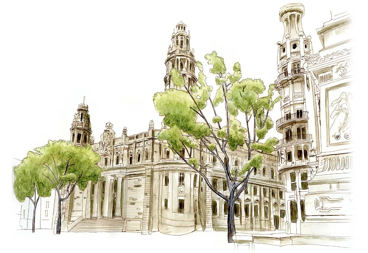 Ink and watercolor sketch of Barcelona's ornate Edificio de Correos post office building framed by green plane trees.