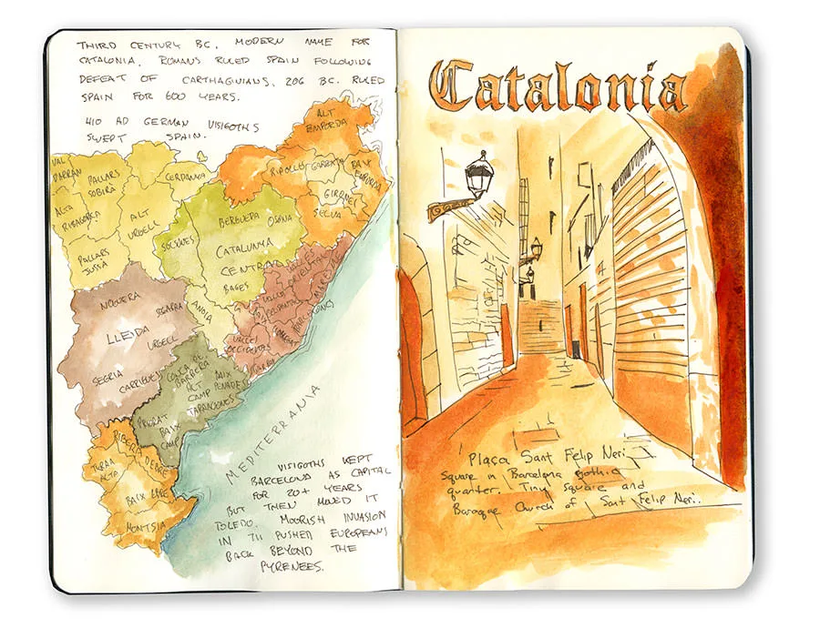 Moleskine spread with a hand-painted map of Catalonia's provinces and a sketch of the narrow Plaça Sant Felip Neri in Barcelona.
