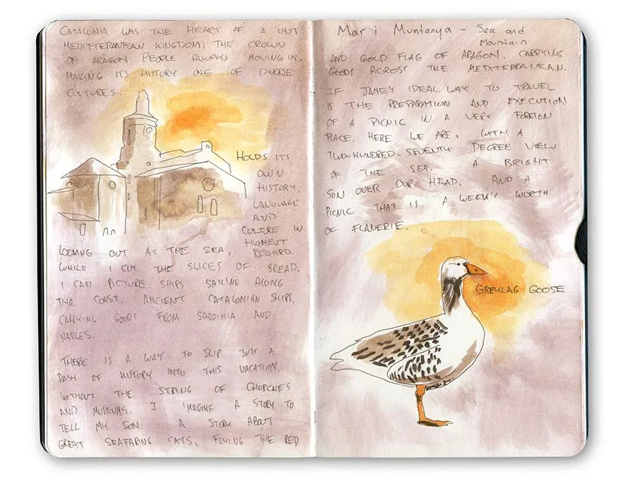Moleskine spread with sketches of the church in Cadaqués and a greylag goose, with handwritten notes.