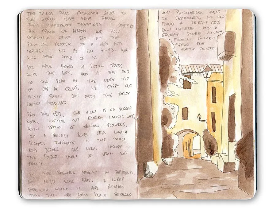 Moleskine spread with handwritten notes beside a sepia sketch of a narrow, arched street on the Catalan coast.
