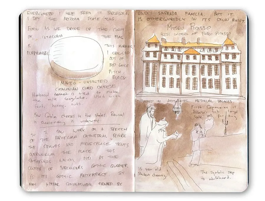 Moleskine spread with sketches of a round Catalan cheese and the Museu Picasso building in Barcelona, with handwritten notes.
