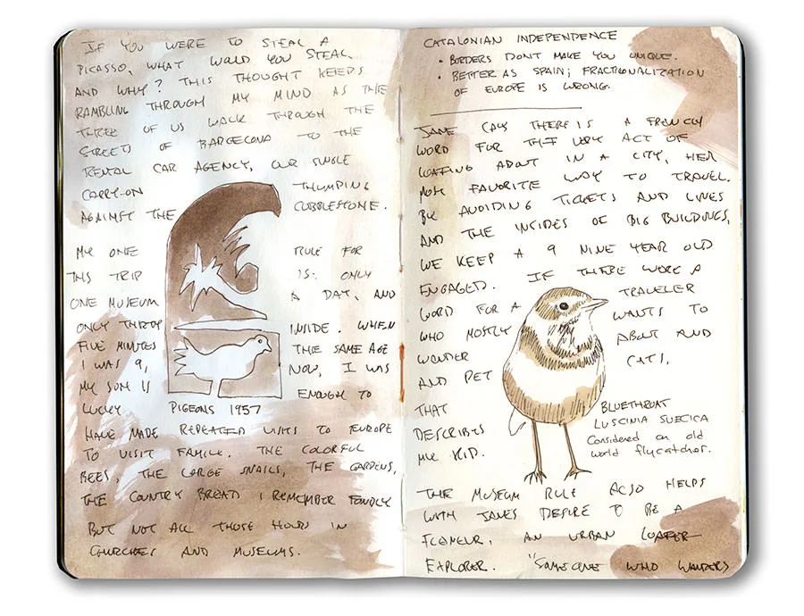 Moleskine spread with sketches of Picasso-style pigeons and a bluethroat, with handwritten notes on Catalonia.