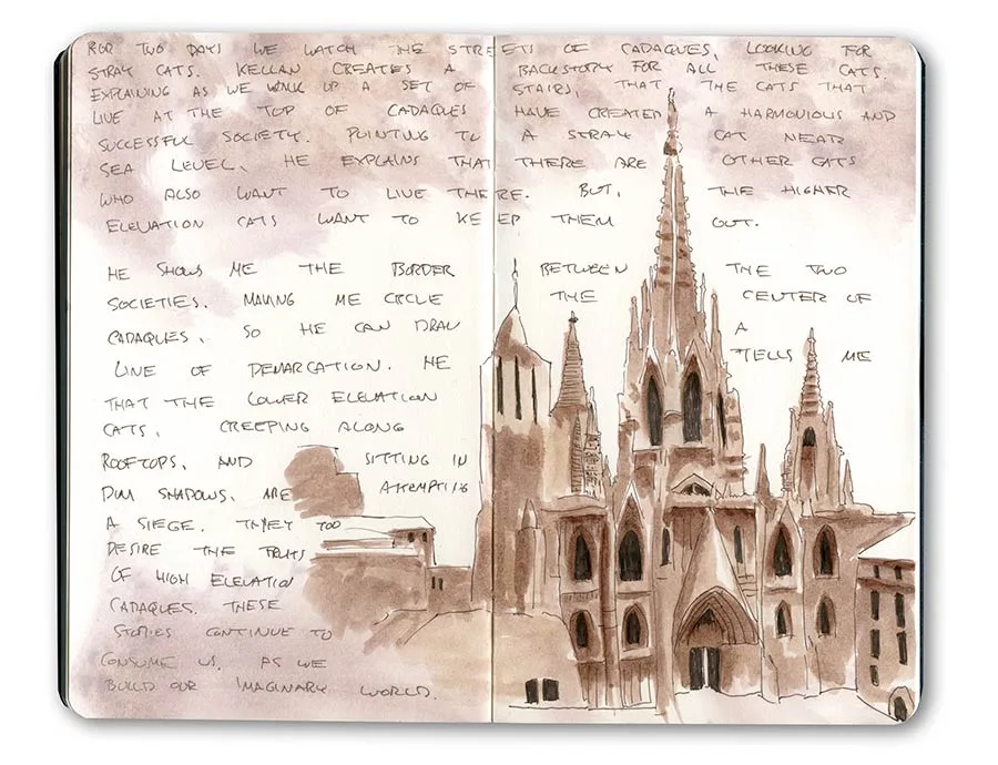 Moleskine spread with handwritten notes and a sepia sketch of the spires of Barcelona Cathedral.