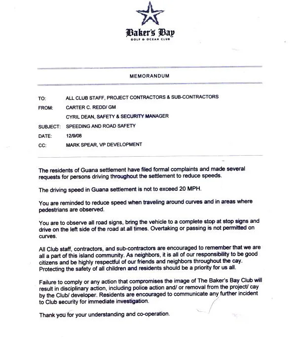 Bakers Bay Memo