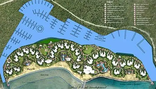 Site plan of a resort development with villas, pools and a large marina carved into the shoreline on Beef Island.