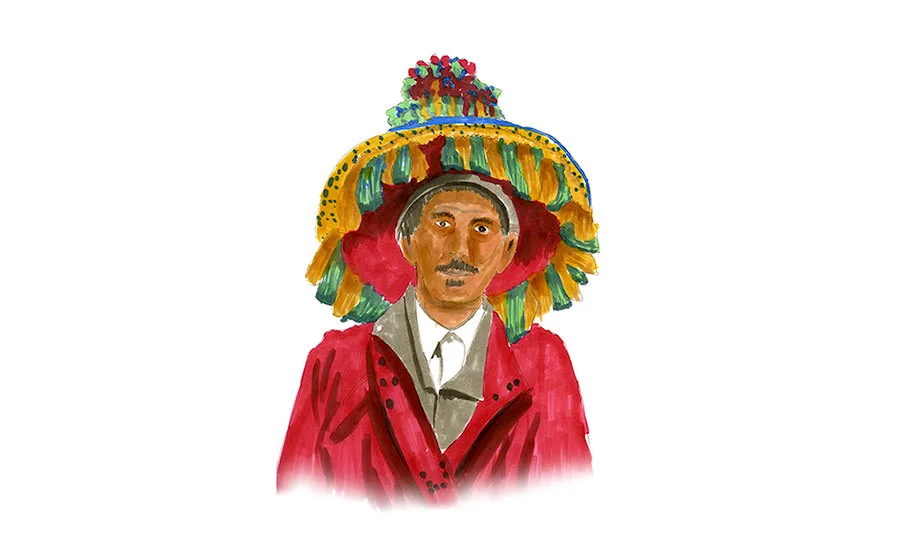 Copic-marker sketch by Erik Gauger of a Guerrab water seller in traditional Berber dress, Marrakech