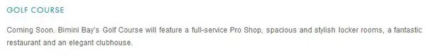 Screenshot of a Bimini Bay promotional page announcing its coming golf course, pro shop and clubhouse.