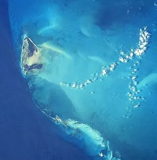 Satellite view of Bimini and the shallow turquoise banks of the Bahamas.