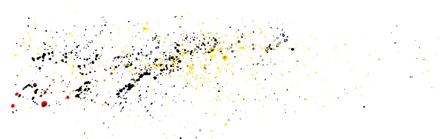 Watercolor splatter abstraction of a 1989 Bird Song jam, a band of black and yellow dots across white paper.