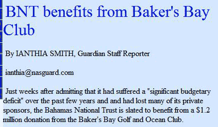 Nassau Guardian article excerpt headlined "BNT benefits from Baker's Bay Club."