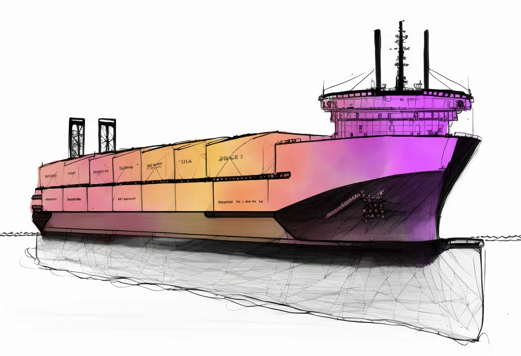 Ink and watercolor illustration of a battery-powered container ship in pink and orange.