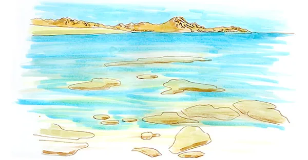Ink and watercolor sketch of shallow turquoise water over sandy reef flats at Cabo Pulmo National Park, Baja California Sur.