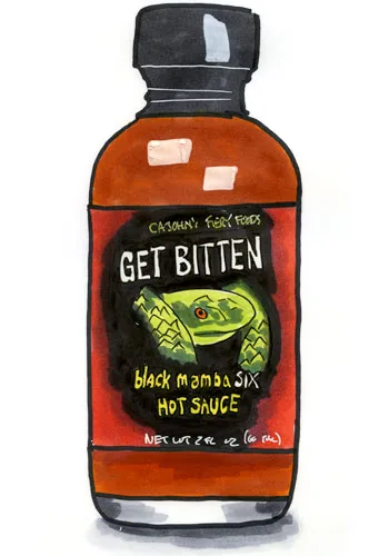 Sketch by Erik Gauger of CaJohn's Black Mamba 6 Get Bitten Hot Sauce