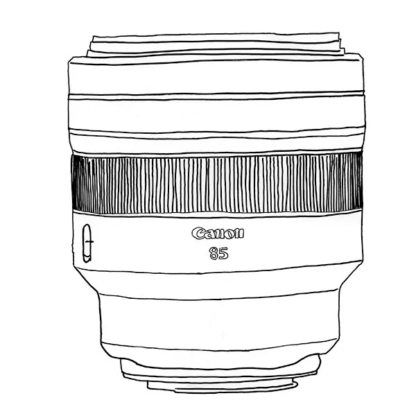 Pen-and-ink line drawing of the Canon RF 85mm f/1.2 lens