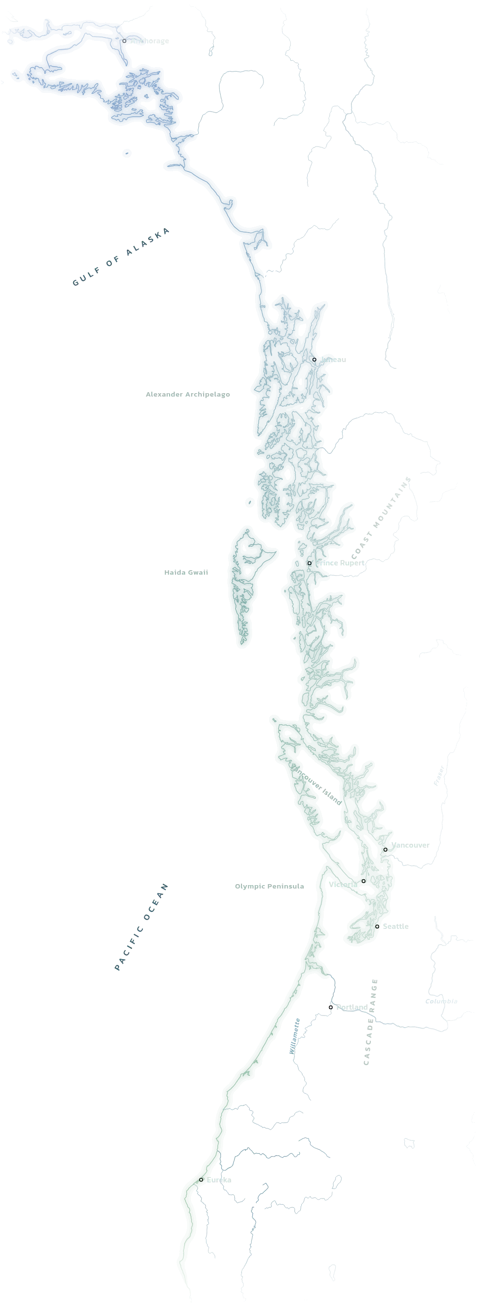 Line map of the Pacific coast from northern California to southern Alaska, fading out inland: the Oregon and Washington coast, Puget Sound, Vancouver Island, Haida Gwaii and the fjords of southeast Alaska, with Portland, Seattle, Vancouver, Juneau and Anchorage marked.