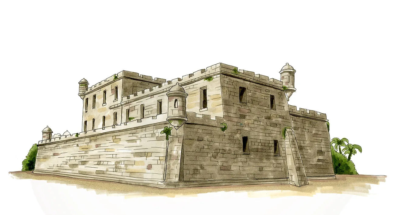 Ink and watercolor sketch of the stone fortress Castillo de la Real Fuerza in Havana.