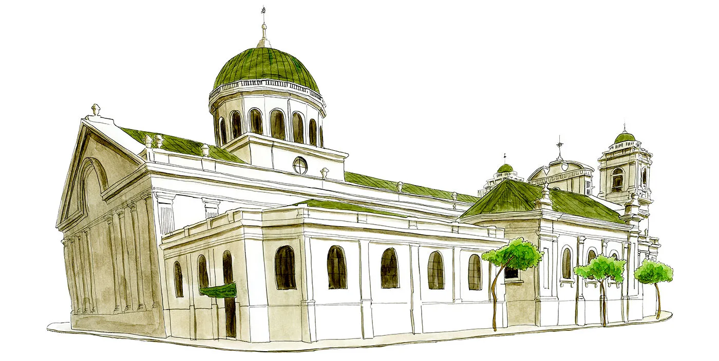 Ink and watercolor sketch of the Catedral Metropolitana in San José, Costa Rica, with its green dome.