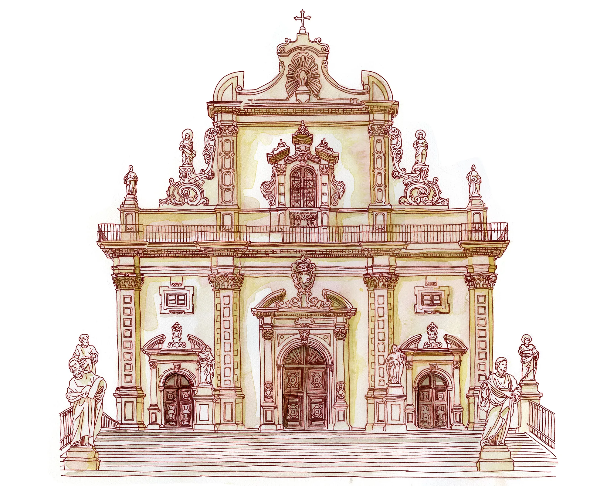 Liner pen and watercolor sketch of the baroque facade of the Chiesa di San Pietro in Modica, washed in honey-colored limestone tones, with statues of the apostles flanking the steps.