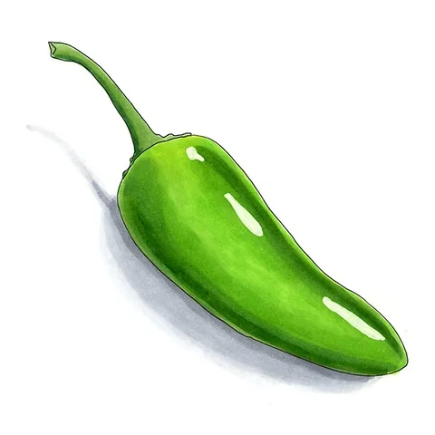 Watercolor illustration of a green jalapeño, a Capsicum annuum pepper