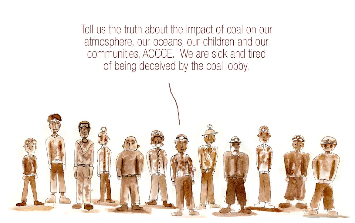 Ink and watercolor illustration of a line of coal miners, with a caption asking the coal lobby to tell the truth.