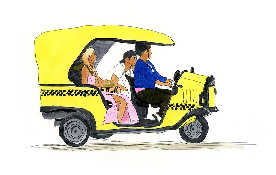 Ink and watercolor sketch of a yellow coco taxi carrying two passengers in Havana.