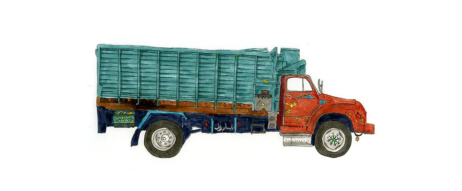 Sketch by Erik Gauger of a colorfully decorated truck in Marrakech