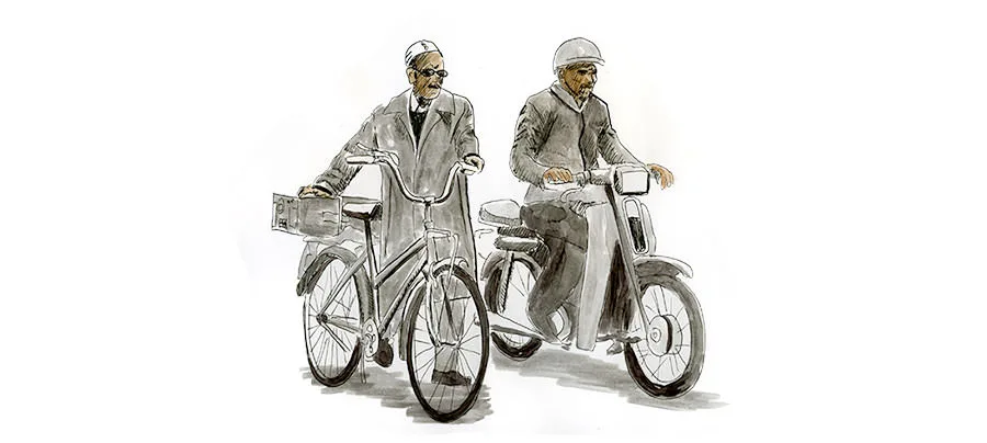 Sketch by Erik Gauger of bicycle and moped commuters in the Marrakech medina