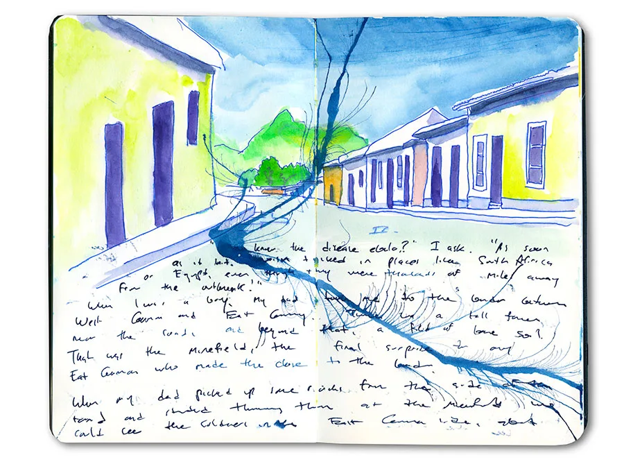 Watercolor sketch journal spread of a colonial street of yellow houses in Trinidad, Cuba