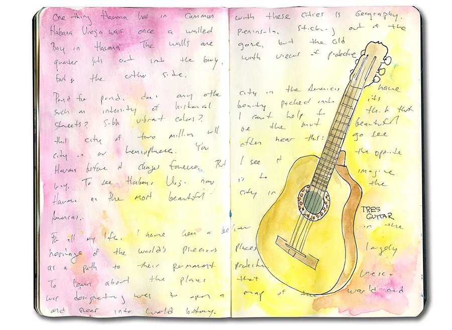 Cuba sketchbook spread with a tres guitar and handwritten notes over a pink and yellow wash.