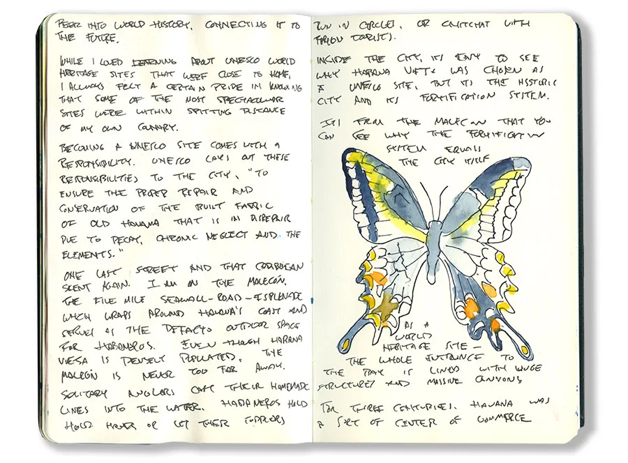 Cuba sketchbook spread with a swallowtail butterfly and handwritten notes on Havana's Malecón.