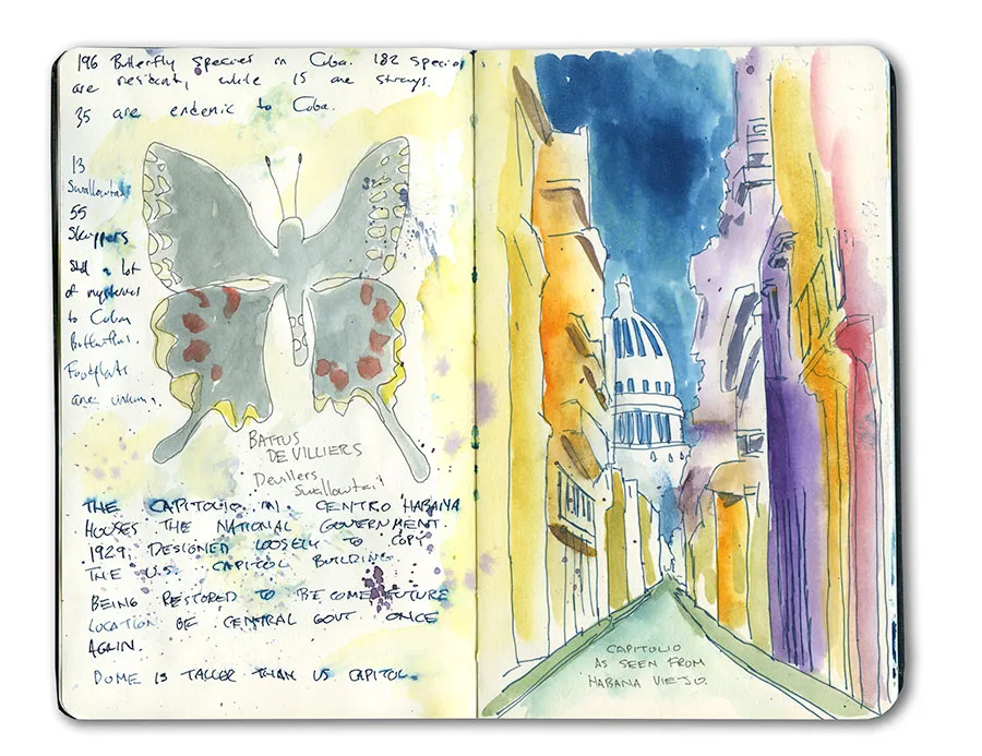 Cuba sketchbook spread with a swallowtail butterfly and a watercolor of the Capitolio dome seen down a Havana street.