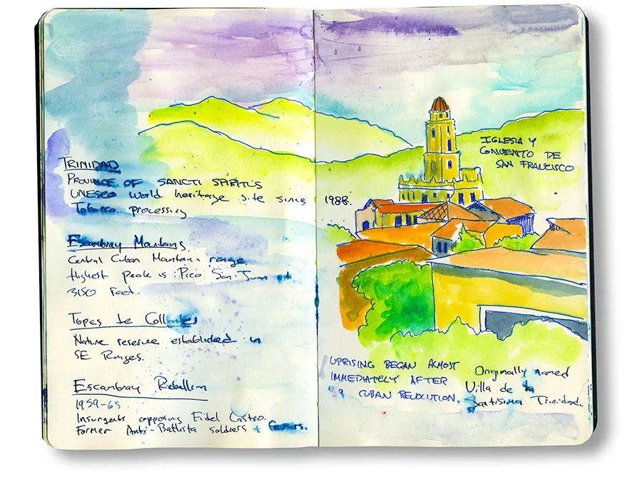 Cuba sketchbook spread with notes on Trinidad and a watercolor of the bell tower of the Convento de San Francisco.
