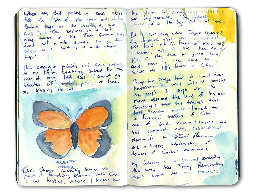 Cuba sketchbook spread with a sleepy orange butterfly and handwritten notes.