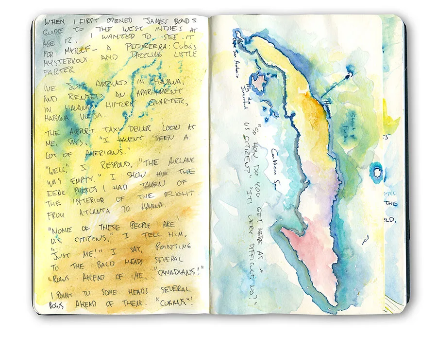 Cuba sketchbook spread with handwritten notes and a watercolor map of Cuba's coastline.